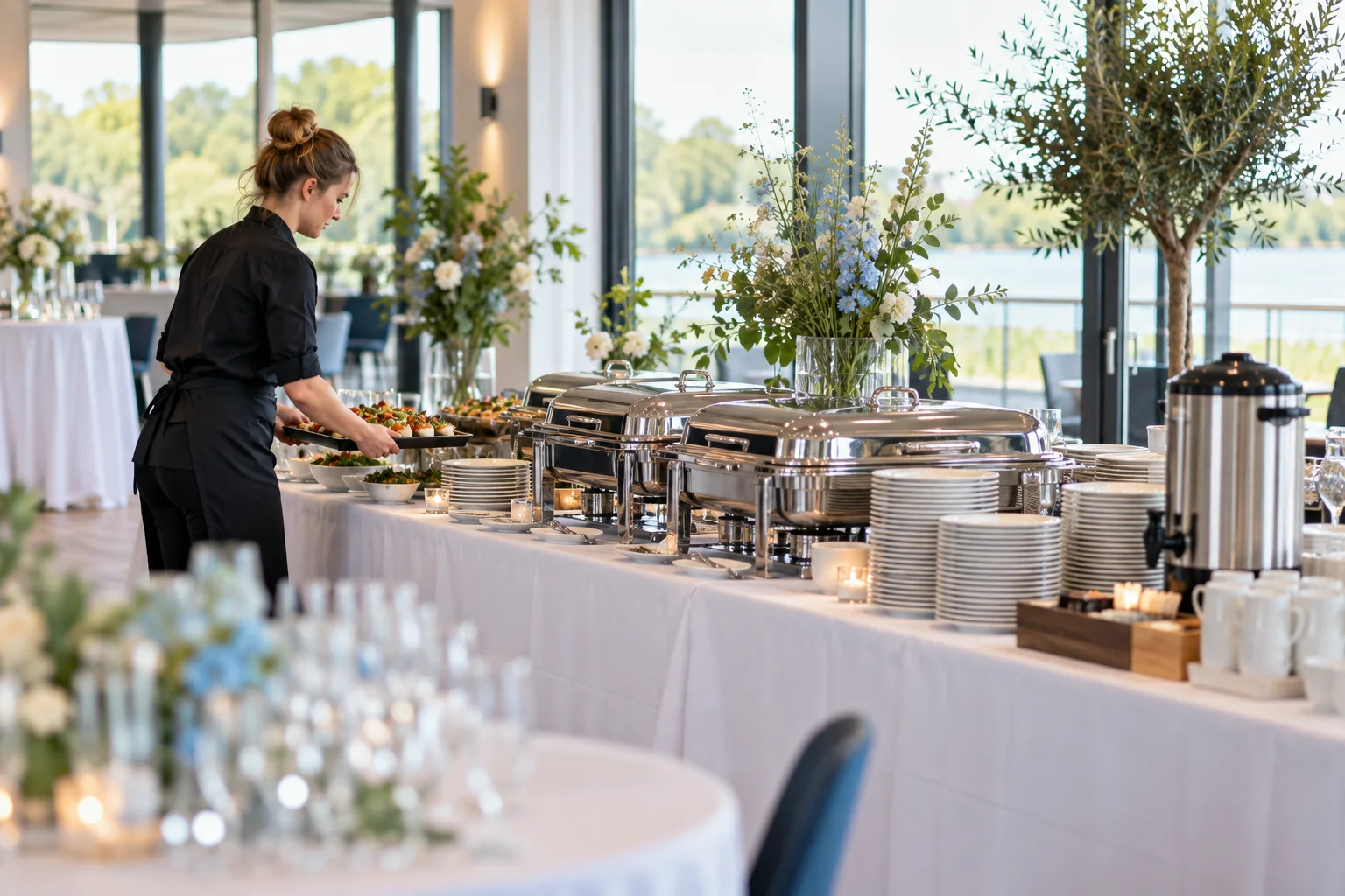 Cateringbedrijf richt een buffet in met gehuurde serveermaterialen
