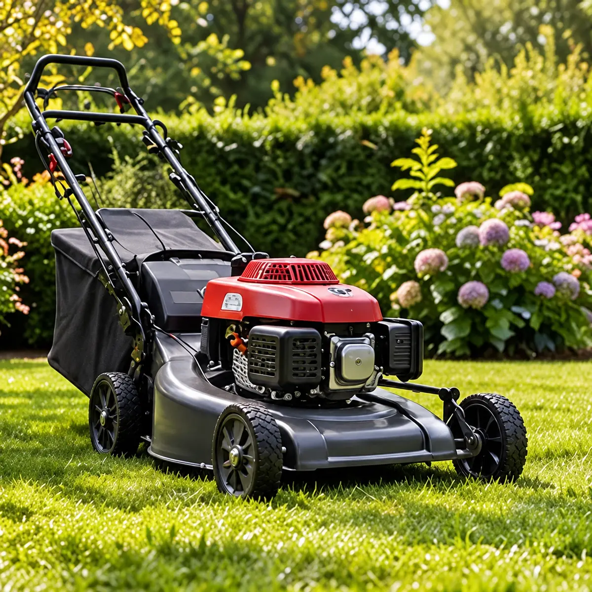 Loopgrasmaaier op een gazon in een tuin