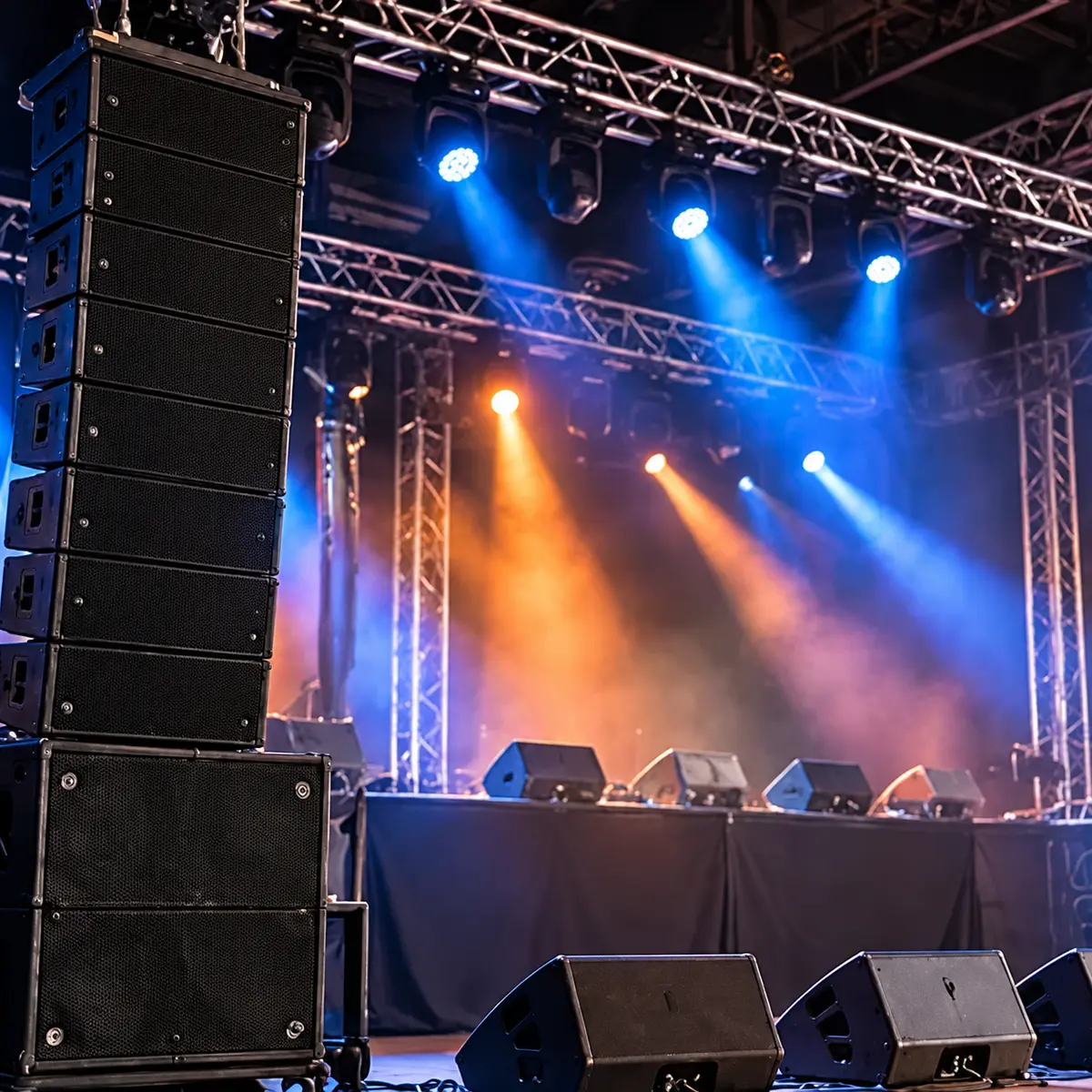 Podium met gekleurde verlichting tijdens een evenement