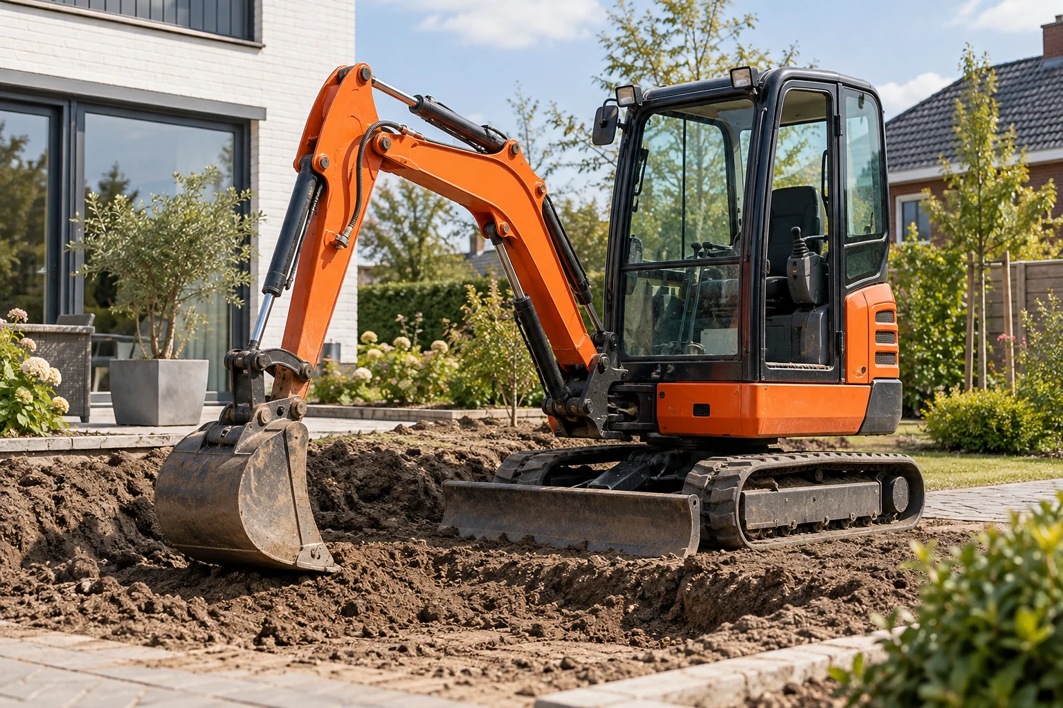 Compacte graafmachine bij grondwerk