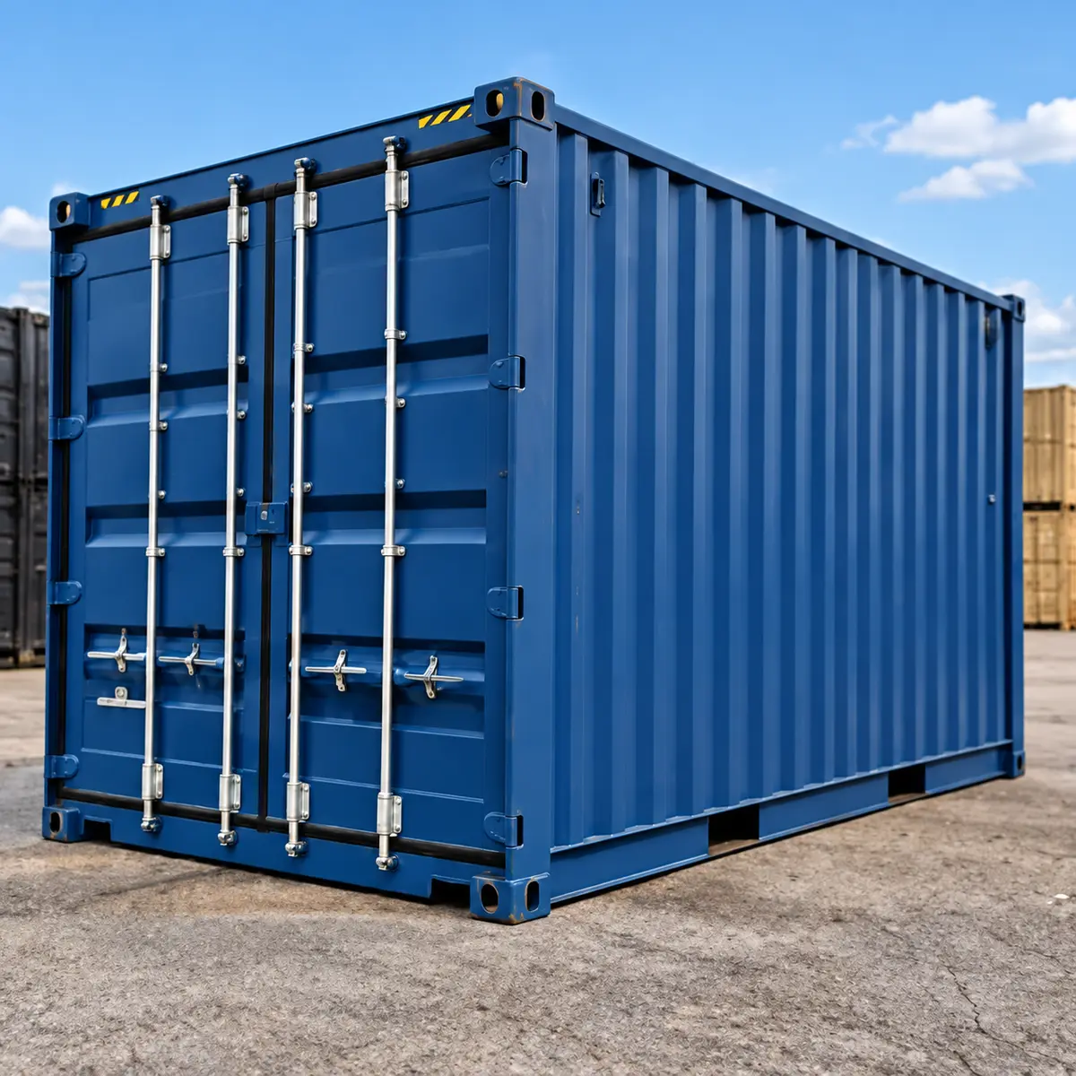 Blauwe opslagcontainer met gesloten deuren
