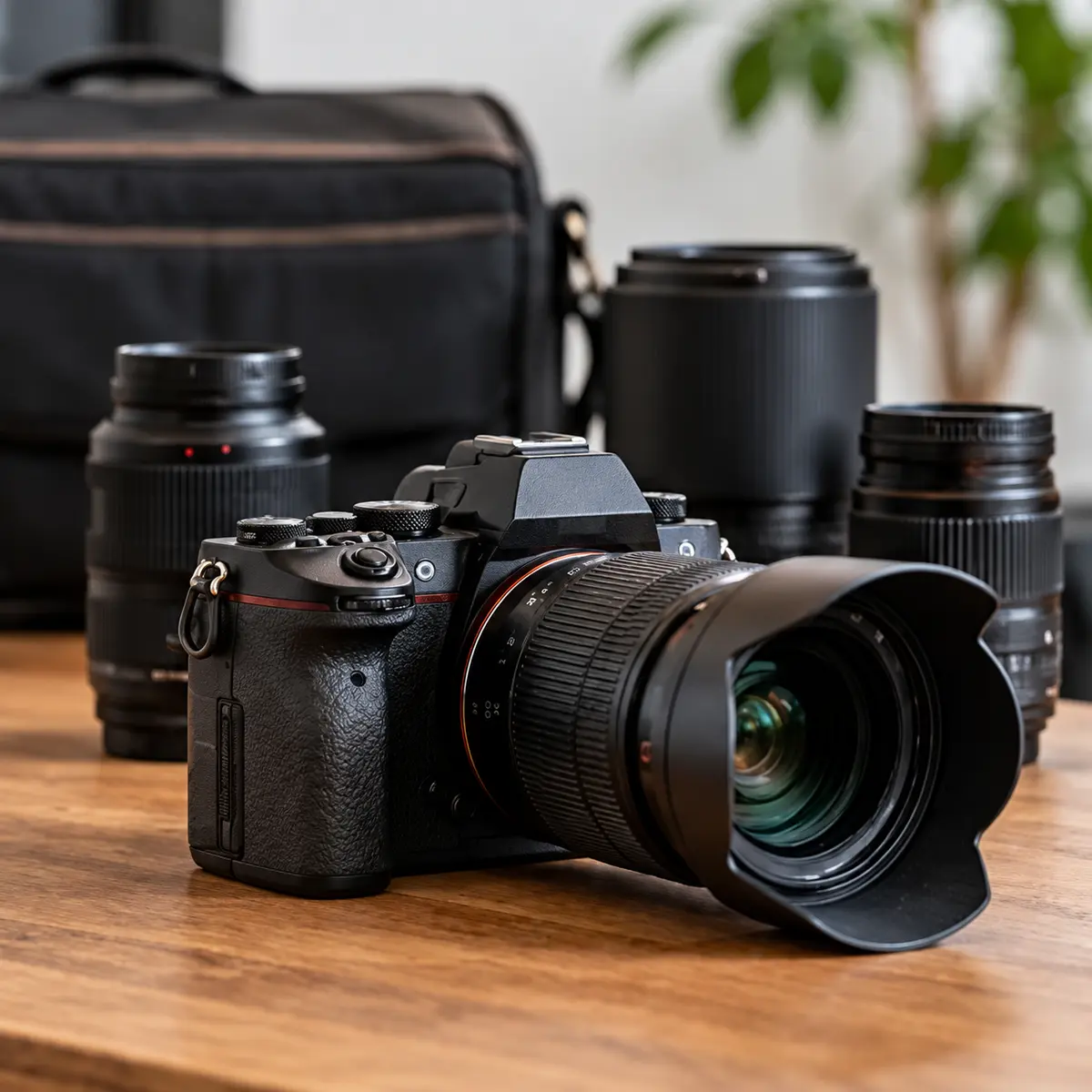 Camera met verwisselbare lens op een tafel