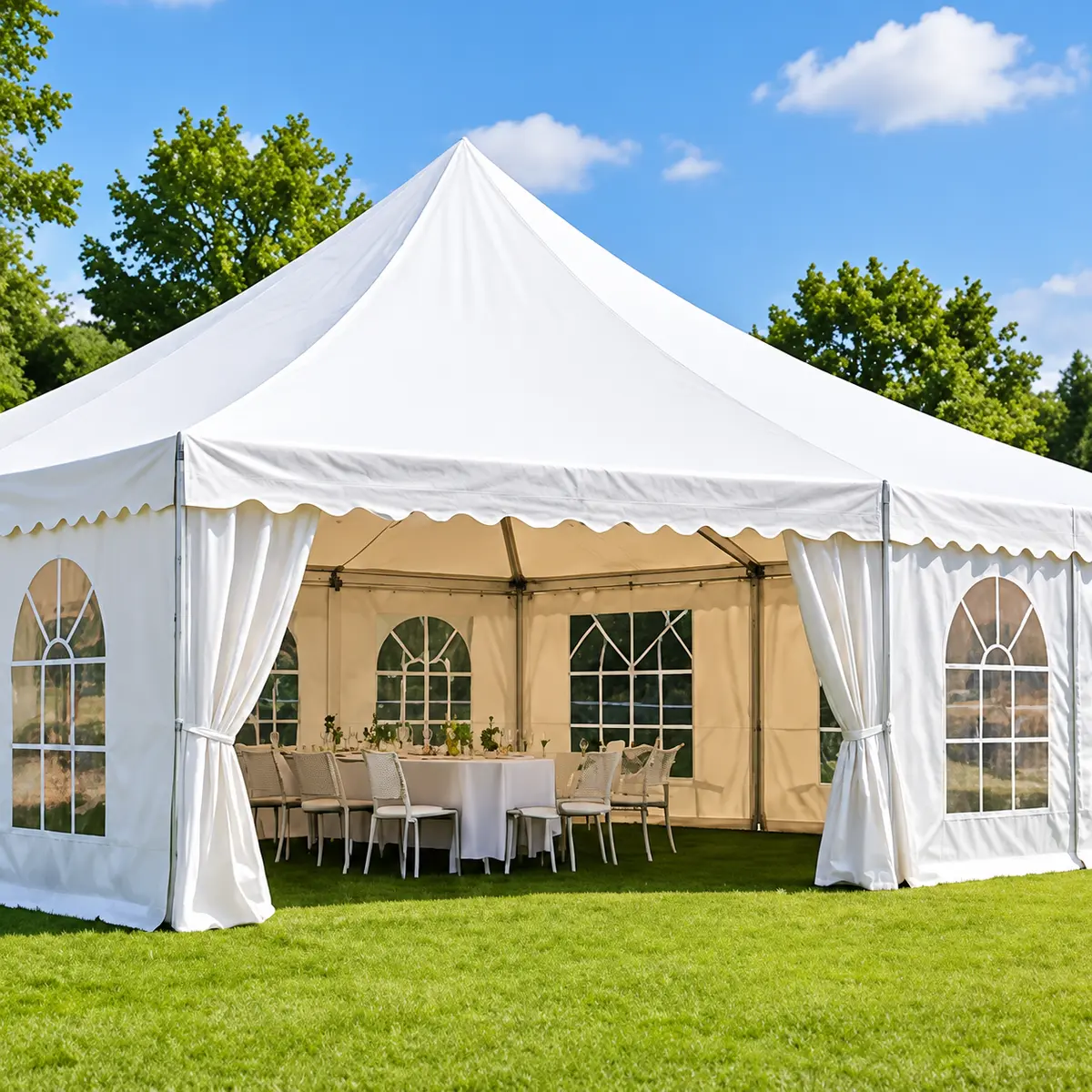 Witte feesttent met zijwanden op een grasveld