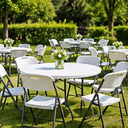 Gedekte tafels en stoelen voor een buitenfeest