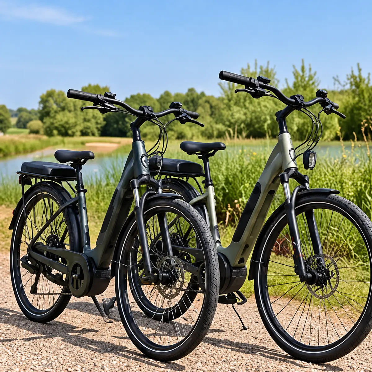 Fietsen langs een weg in een groene omgeving