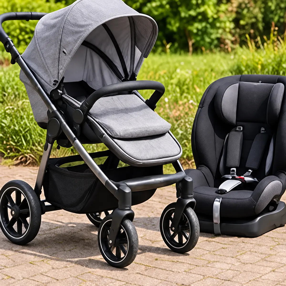 Kinderwagen naast een kinderautostoel