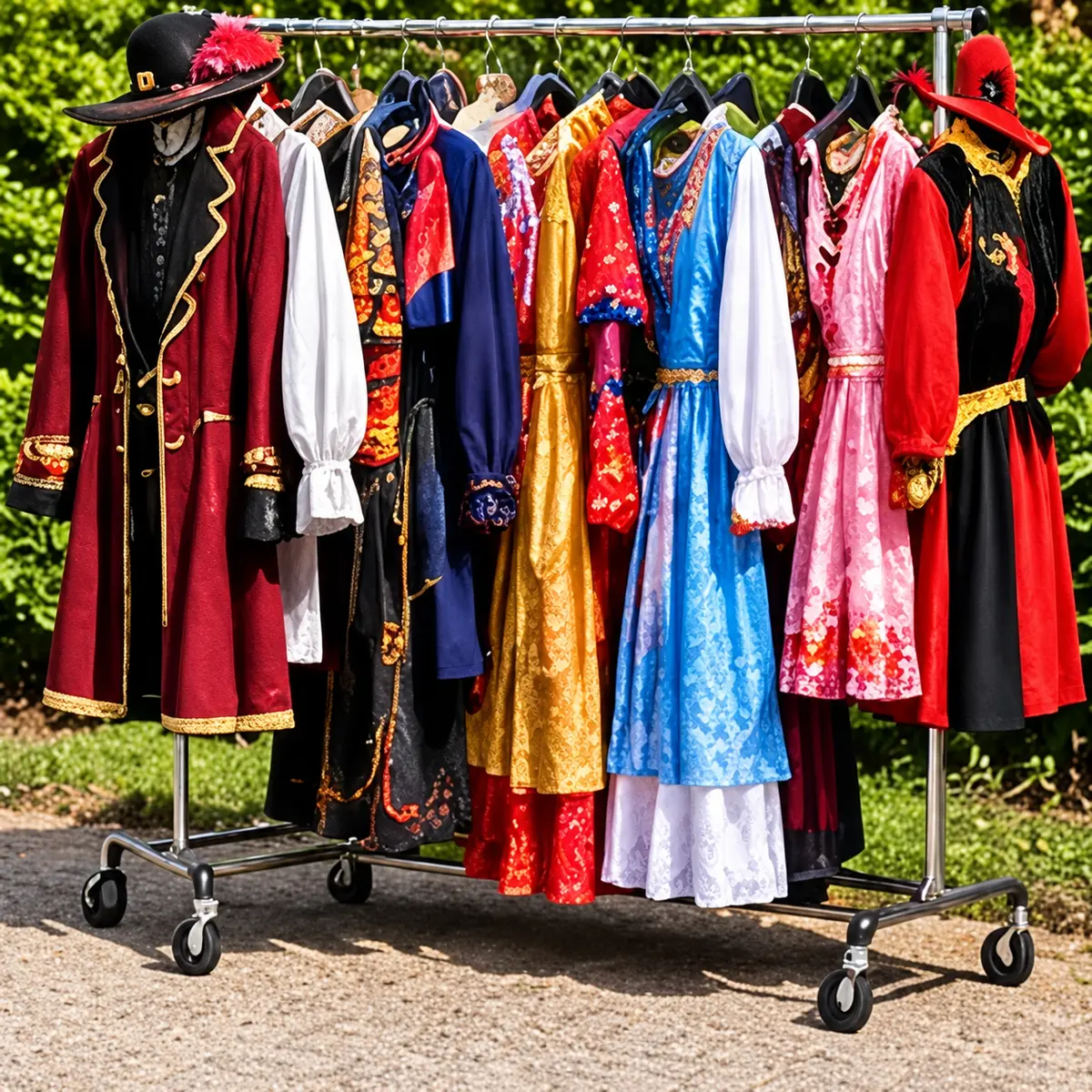 Kleurrijke kostuums en kleding aan een rek