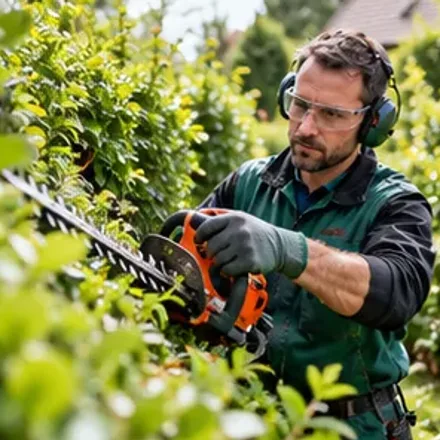 Hovenier aan het werk bij een groene haag