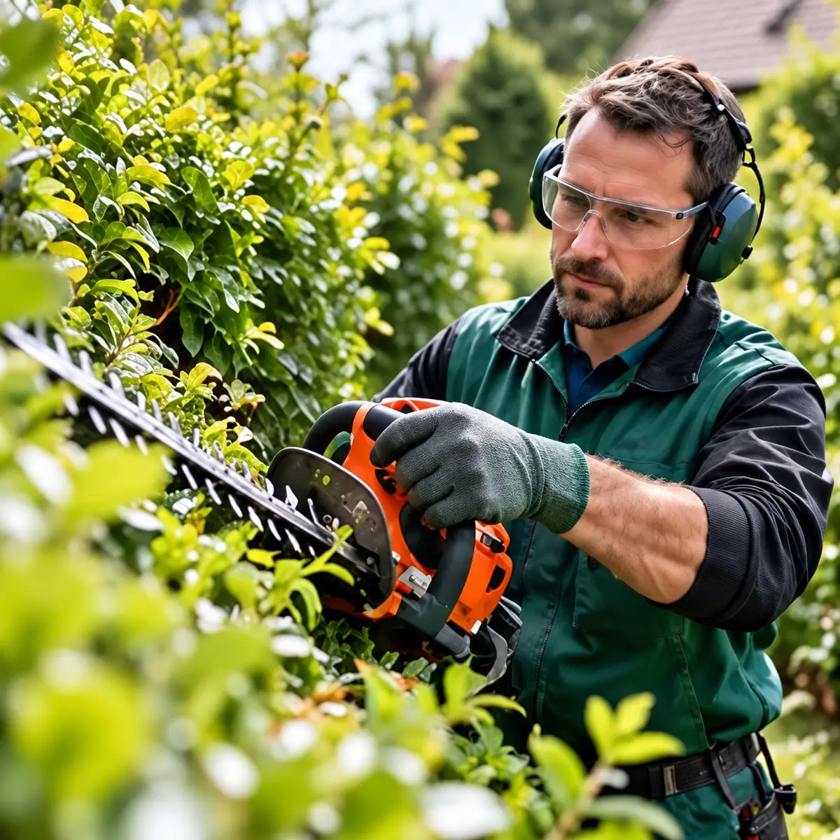 Hovenier aan het werk bij een groene haag