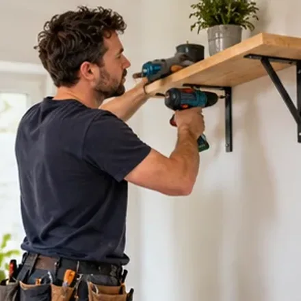 Vakman monteert een plank aan een wand