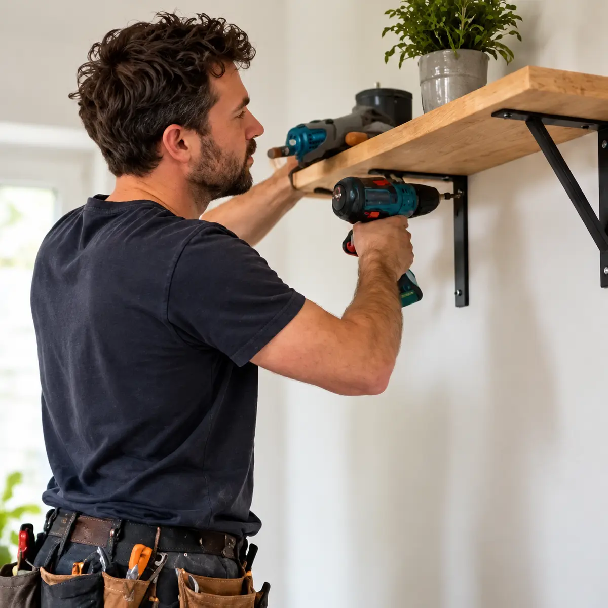 Vakman monteert een plank aan een wand