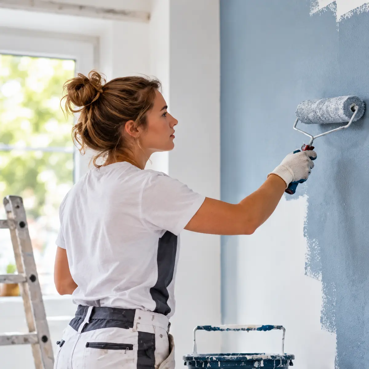 Schilder brengt verf aan op een binnenmuur