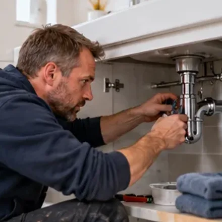 Loodgieter werkt aan leidingwerk onder een wastafel