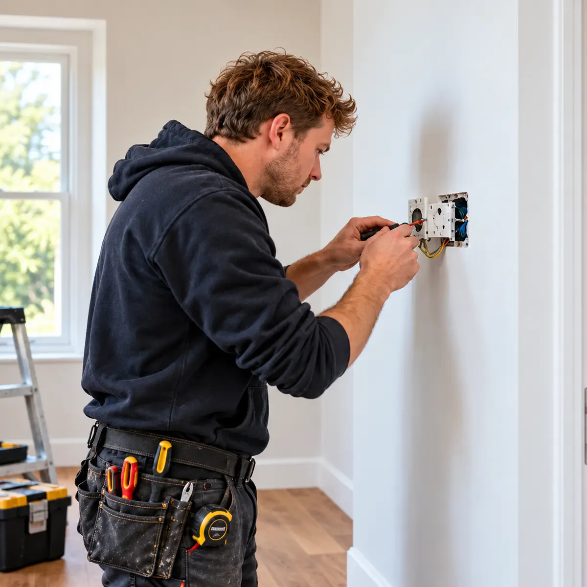 Elektricien werkt aan een wandinstallatie