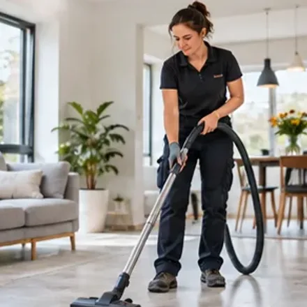Schoonmaker stofzuigt een ingerichte woonkamer