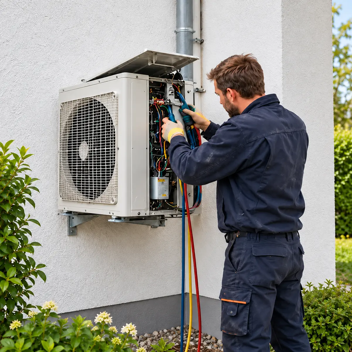 Installatiemonteur bij een buitenunit van een airconditioning