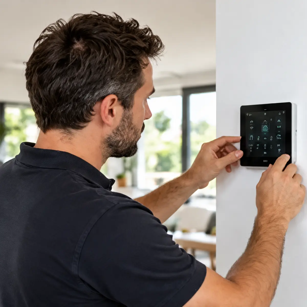 Installateur bij een bedieningspaneel voor woningbeveiliging