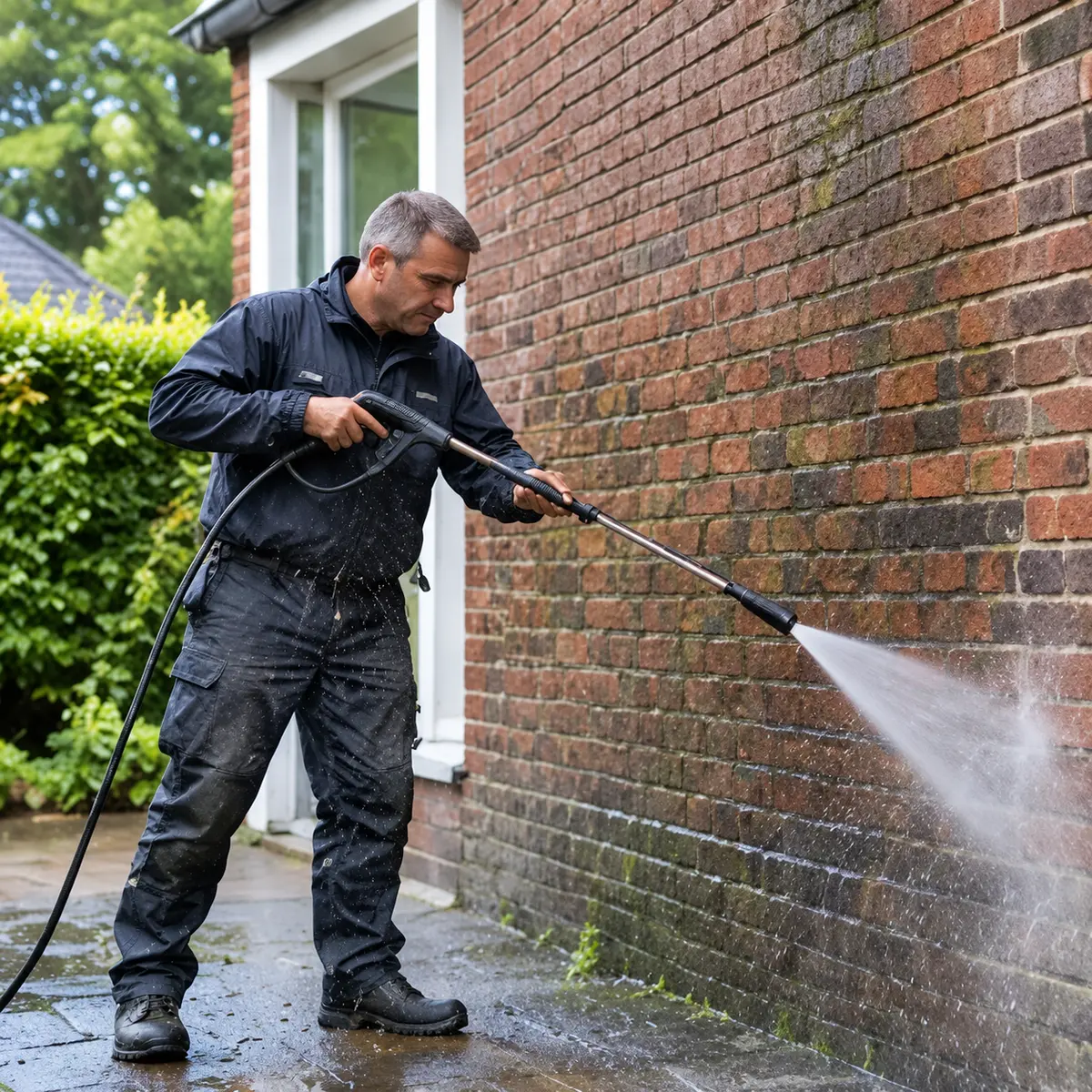 Vakman die een gemetselde gevel reinigt