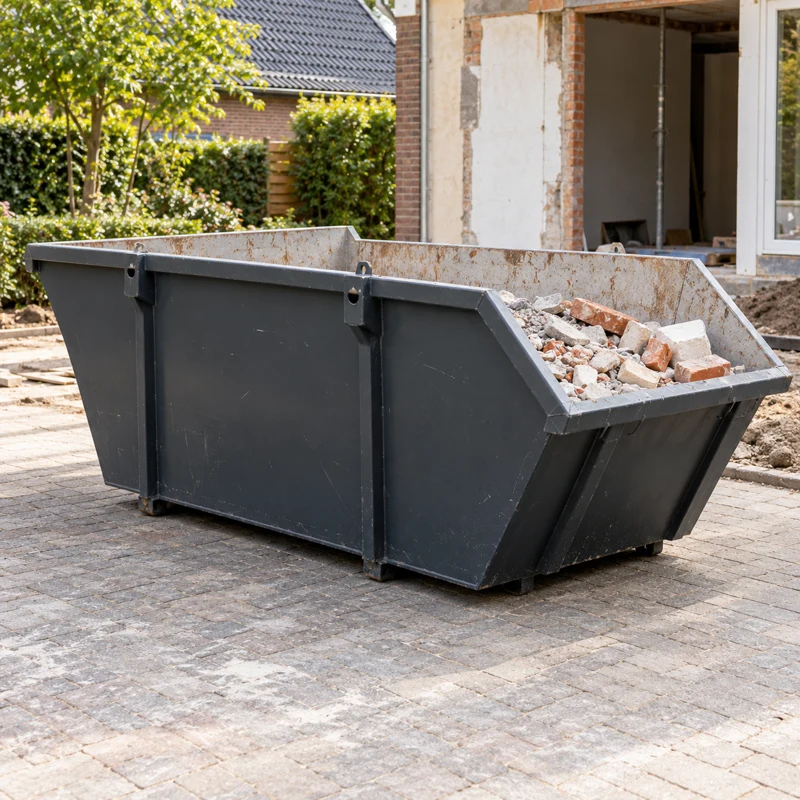 Open afvalcontainer bij een woning