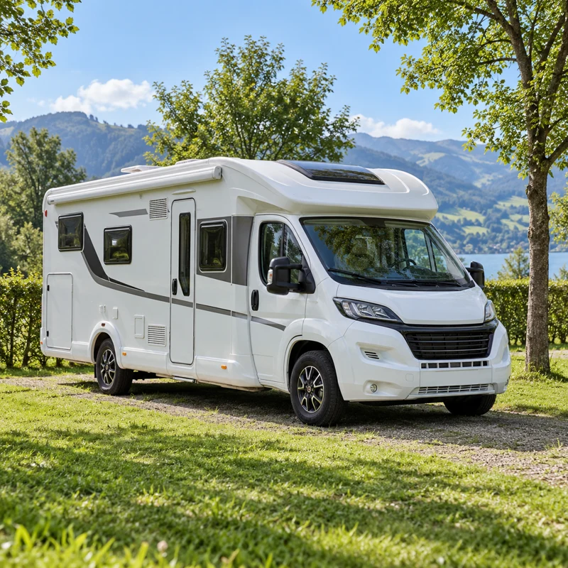 Camper op een groene kampeerplek