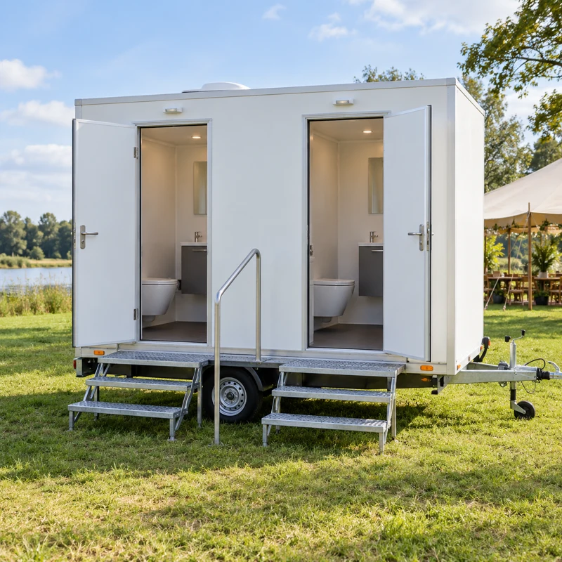 Mobiele sanitaire unit op een buitenlocatie